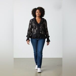 Joseph Ribkoff Black and Silver Ruffled Buttoned Blouse